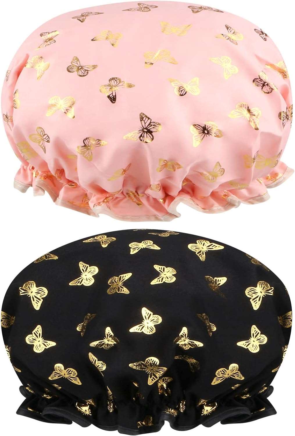 2 PCS Shower Cap Elastic Band Waterproof Bath Caps Double Layers Reusable With Ruffled Edge Covering Ears for Girls and Women