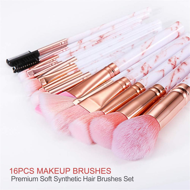 Marble Pattern Makeup Brushes Set with Travel Holder - 16PCS Pink Glamour Gaze Brush Set with Silicone Mask Brush