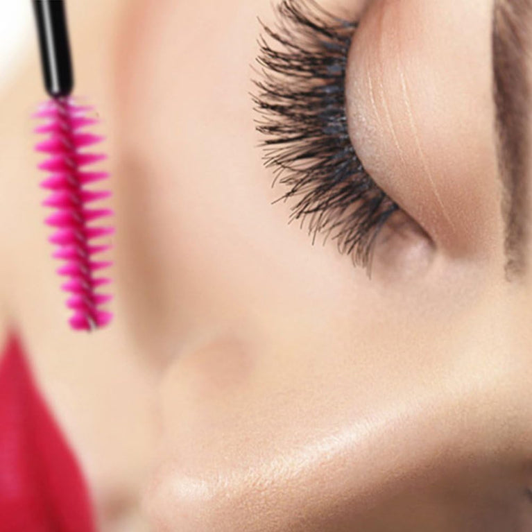 100PCS Glitter Pink Disposable Eyelash Mascara and Lip Brushes Set - 50PCS Eyelash Spoolies and 50PCS Lip Wands for Eyelash Extensions