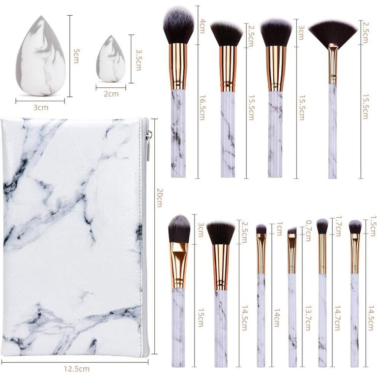 Marble Makeup Brush Set with Cosmetics Bag and Sponge Puff