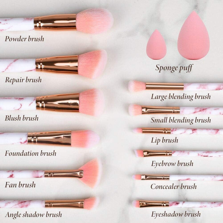 Pink Marble Makeup Brush Set with Blender and Travel Bag - 12Pcs Professional Beauty Kit
