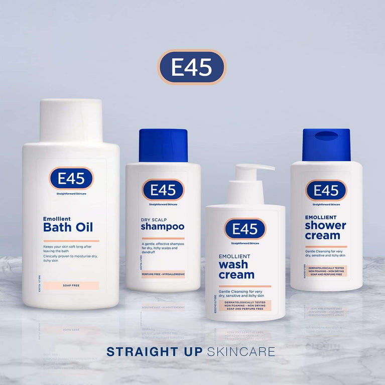 E45 Bath Oil 500 ml – E45 Bath Oil Emollient to Moisturise & Hydrate Dry Skin – Gently Cleanses for Soft Skin – Soap Free & Perfume Free Emollient Bath & Shower Oil Body Wash - Dermatologically Tested