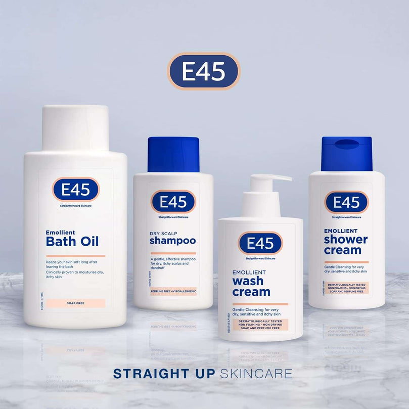 E45 Bath Oil 500 ml – E45 Bath Oil Emollient to Moisturise & Hydrate Dry Skin – Gently Cleanses for Soft Skin – Soap Free & Perfume Free Emollient Bath & Shower Oil Body Wash - Dermatologically Tested