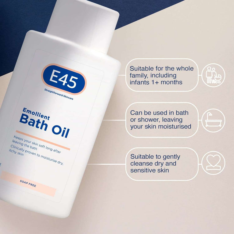 E45 Bath Oil 500 ml – E45 Bath Oil Emollient to Moisturise & Hydrate Dry Skin – Gently Cleanses for Soft Skin – Soap Free & Perfume Free Emollient Bath & Shower Oil Body Wash - Dermatologically Tested