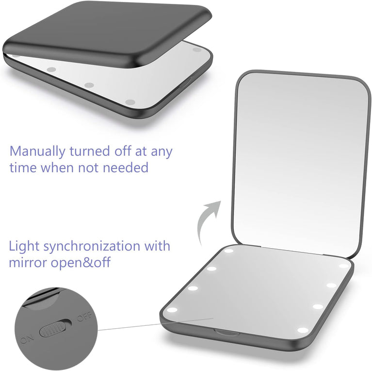 LED Lighted Compact Makeup Mirror with Magnetic Switch - Portable Handheld Pocket Mirror