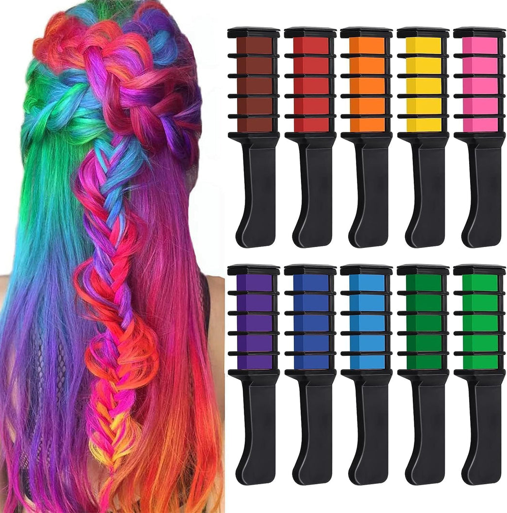 10 Color Hair Chalk Set for Temporary Bright Hair Coloring, Metallic Glitter Gift for Girls, Washable Hair Dye Comb Kit for Kids' Parties and Holidays