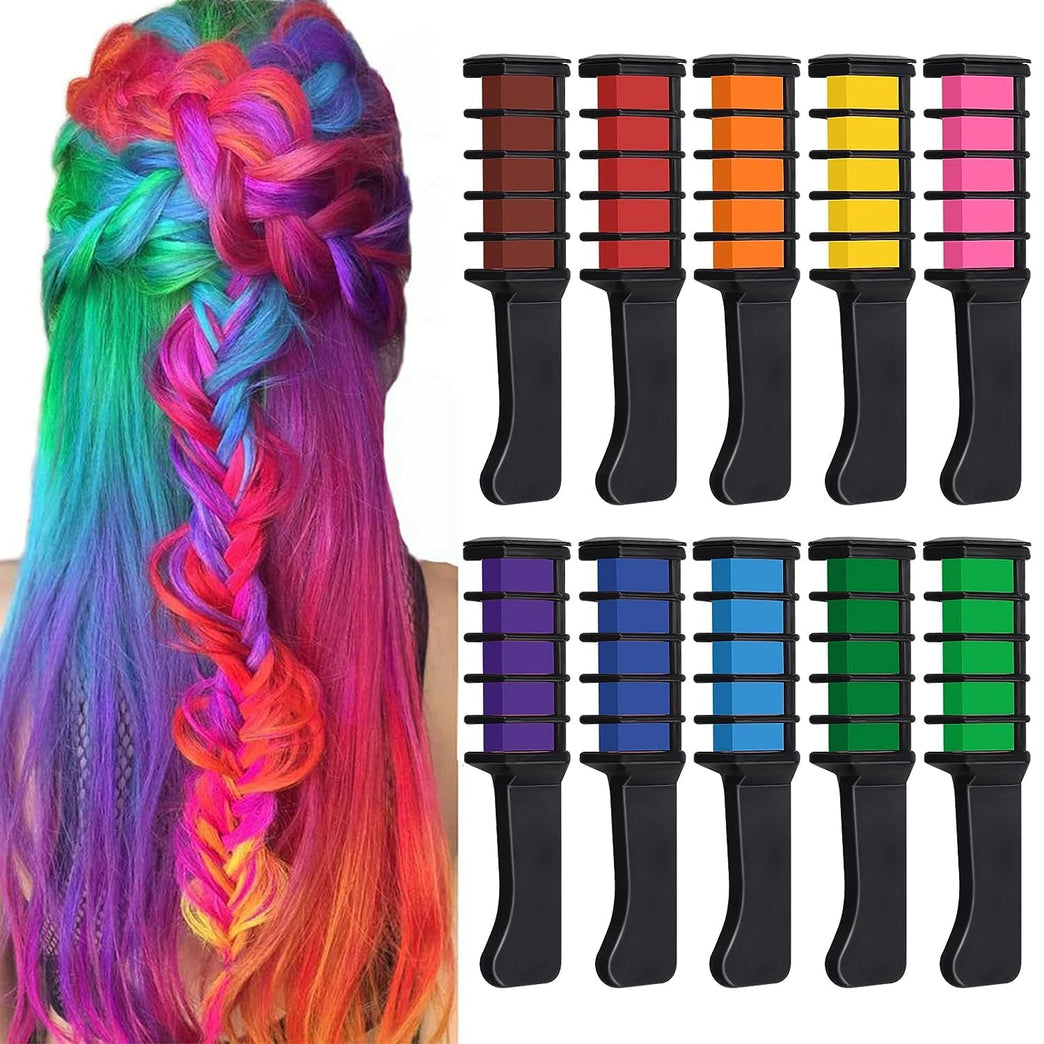 10 Color Hair Chalk Set for Temporary Bright Hair Coloring, Metallic Glitter Gift for Girls, Washable Hair Dye Comb Kit for Kids' Parties and Holidays