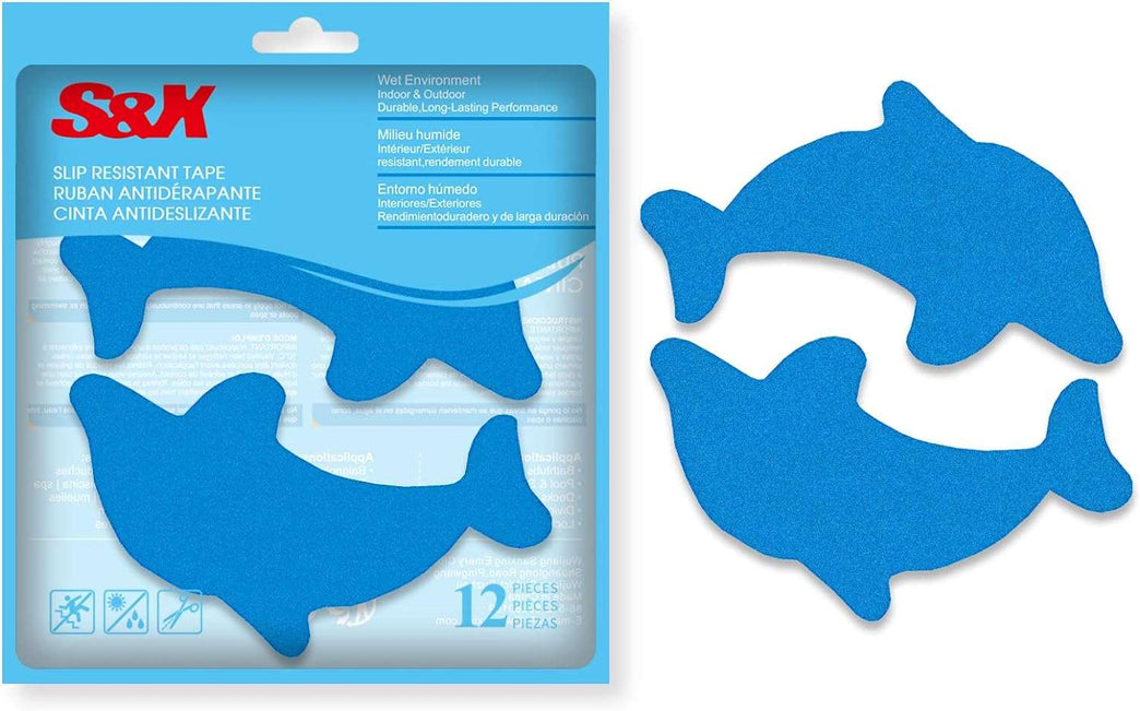 S&X Bathtub Non Slip Stickers,Grippy Dolphin Adhesive Treads – Fine Gritty Textured Surface – Pack of 12 Shower Floor Non Slip Stickers – Comfortable Grip On Slipper Surfaces