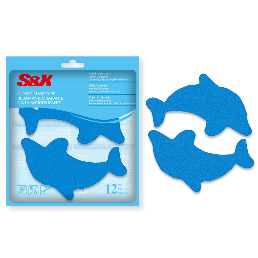 S&X Bathtub Non Slip Stickers,Grippy Dolphin Adhesive Treads – Fine Gritty Textured Surface – Pack of 12 Shower Floor Non Slip Stickers – Comfortable Grip On Slipper Surfaces