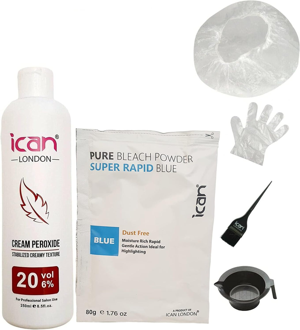 Complete Blonde Hair Bleaching Kit with Cream Peroxide 20 Vol 250ml + Blue Powder Bleach 80g + Essential Tools