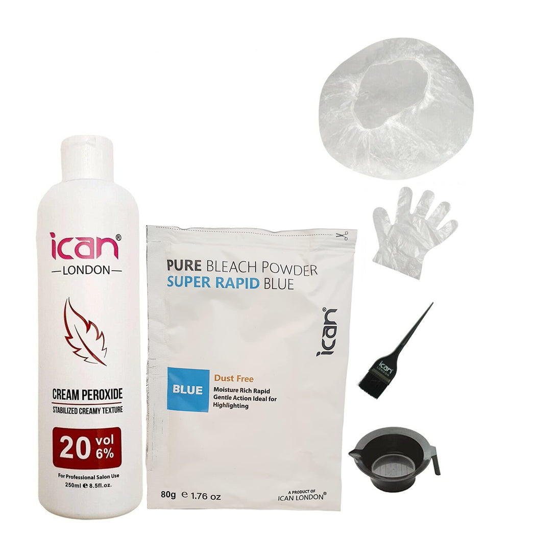 Complete Blonde Hair Bleaching Kit with Cream Peroxide 20 Vol 250ml + Blue Powder Bleach 80g + Essential Tools