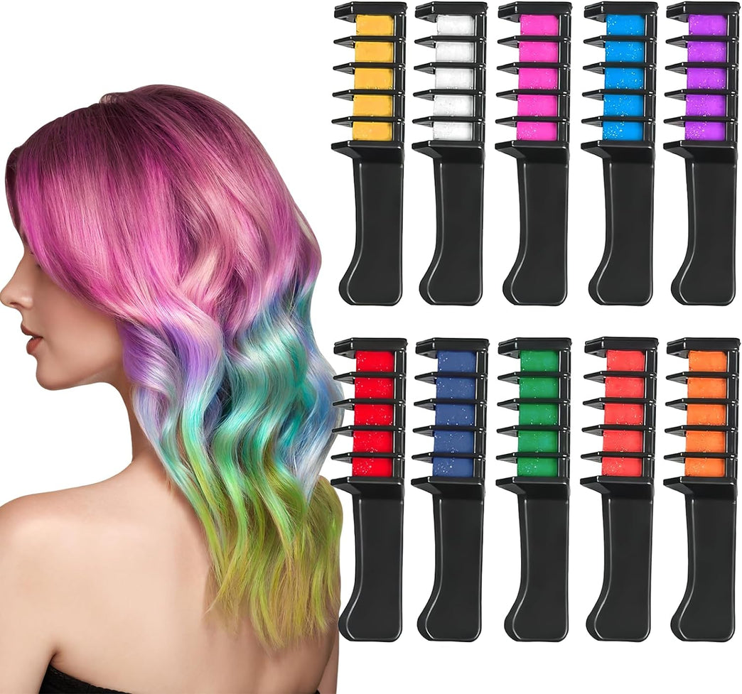 10 Vibrant Hair Chalk Comb Set for Girls - Temporary Coloring Fun for Kids Age 5+ - Safe and Washable Dye Kit for Parties and Play