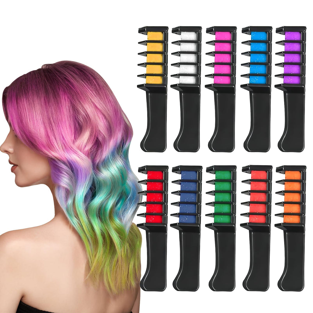 10 Vibrant Hair Chalk Comb Set for Girls - Temporary Coloring Fun for Kids Age 5+ - Safe and Washable Dye Kit for Parties and Play