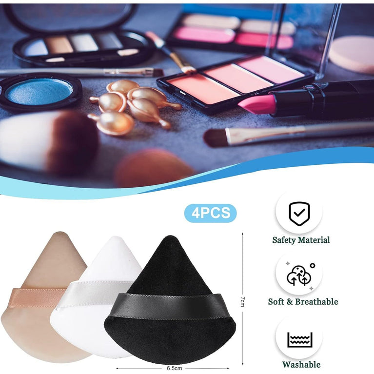 Makeup Powder Puffs, 4 Pack - Triangular, Washable Sponge with Strap for Wet or Dry Cosmetics