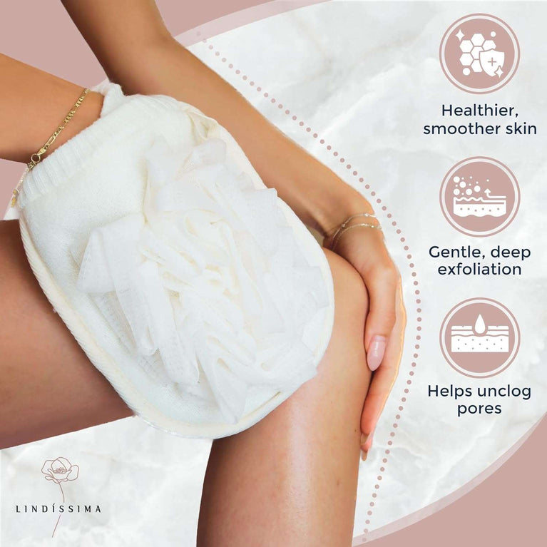 LINDISSIMA - Exfoliating Mitt Body Scrubber, Double-Sided Exfoliating Glove [UK Brand], Shower Puff Loofah Sponge, Dual Action Gentle Body Scrub Exfoliator & Bath Sponge for Skin Cleaning.