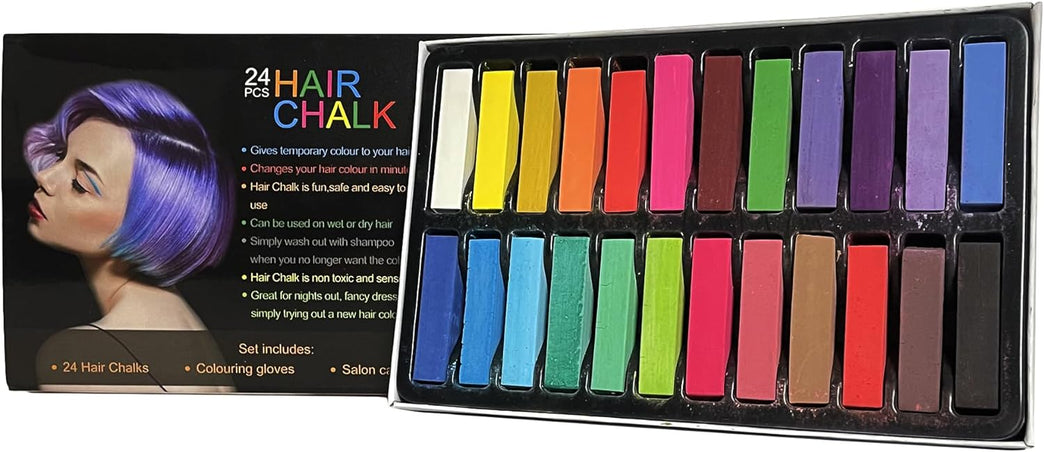 24-Piece Hair Chalk Set with Gloves & Cape | Temporary Hair Dye Kit for Dark & Light Hair
