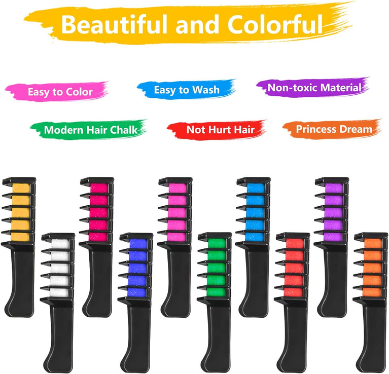 Colorful Hair Chalk Comb Set for Girls and Women - Temporary Hair Dye Kit with 10 Vibrant Colors