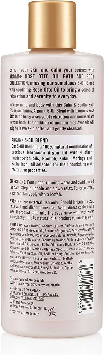 Argan+ Calm & Soothe Bath Foam, Rose Otto Oil Vegan Bubble Bath, 400ml