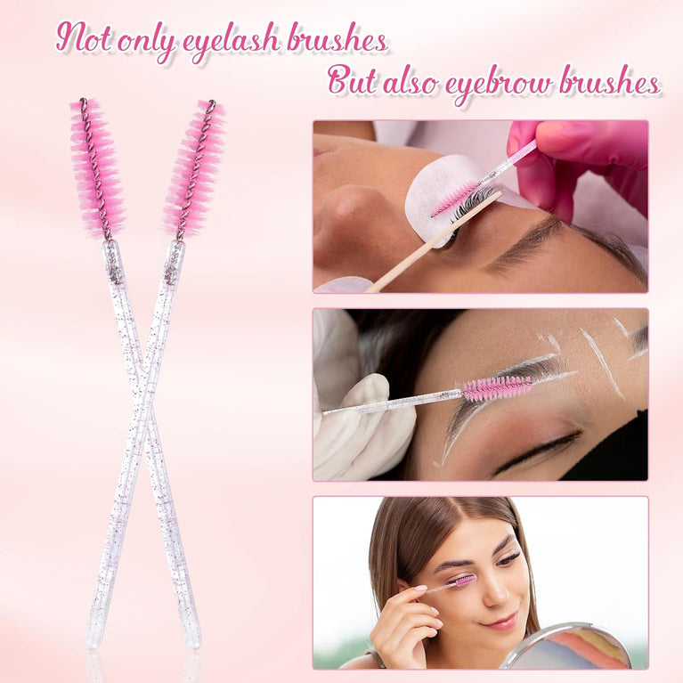 100PCS Glitter Pink Disposable Eyelash Mascara and Lip Brushes Set - 50PCS Eyelash Spoolies and 50PCS Lip Wands for Eyelash Extensions