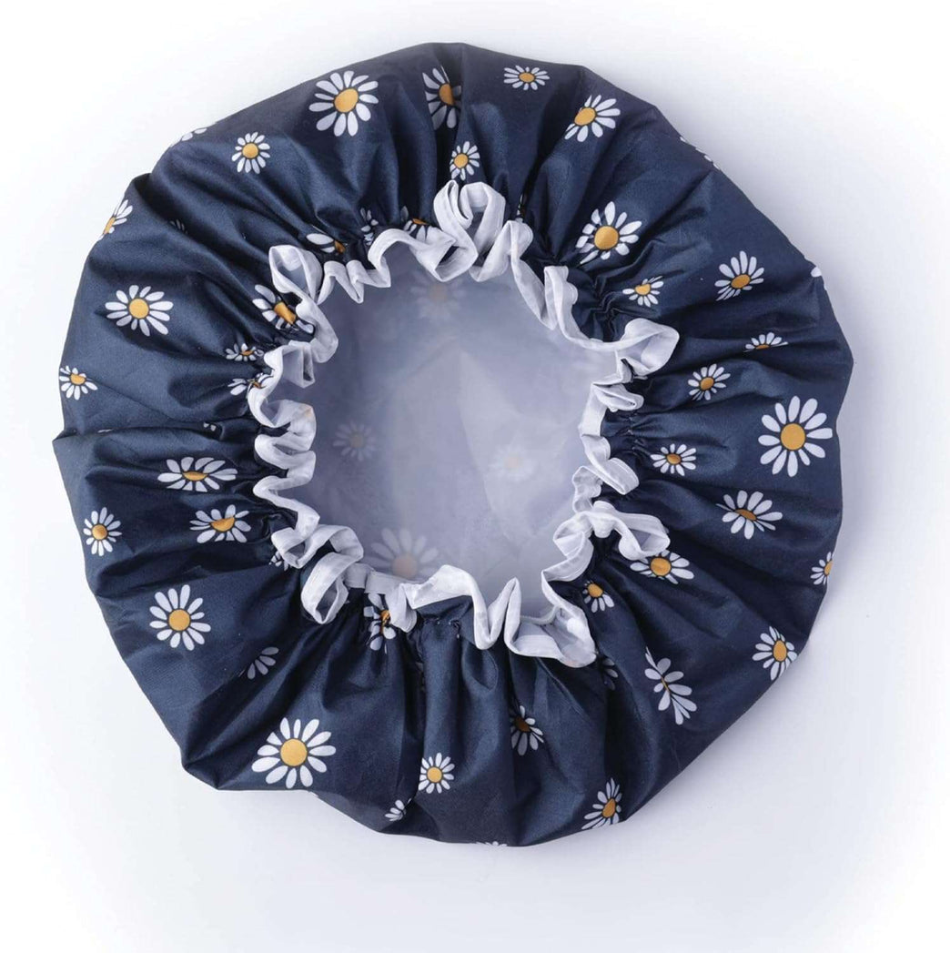 SARG Premium Double Layer Shower Cap for Women with Unique Flower Design- Reusable Shower Cap for Hair - Waterproof Plastic Cap - Shower Caps for Long, Short and Curly Hairs