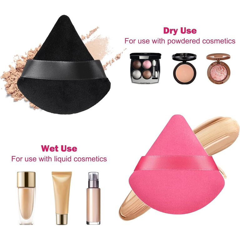 Makeup Powder Puffs, 4 Pack - Triangular, Washable Sponge with Strap for Wet or Dry Cosmetics
