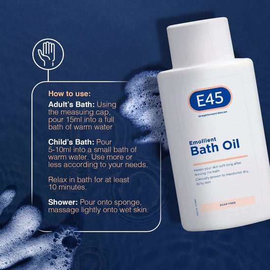 E45 Bath Oil 500 ml – E45 Bath Oil Emollient to Moisturise & Hydrate Dry Skin – Gently Cleanses for Soft Skin – Soap Free & Perfume Free Emollient Bath & Shower Oil Body Wash - Dermatologically Tested