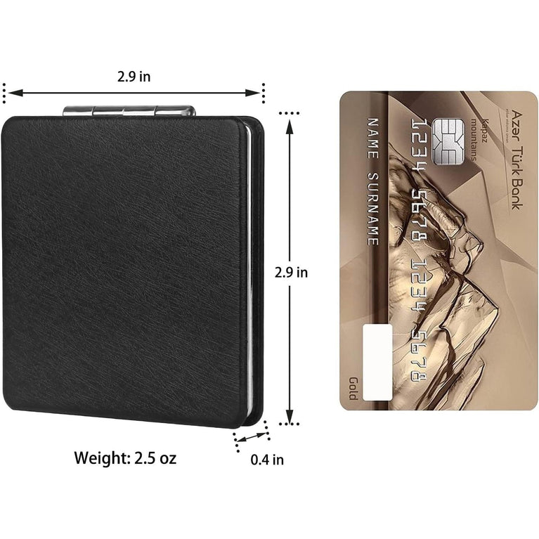 Womens Compact Foldable Magnifying Makeup Mirror - Black PU Leather Pocket Vanity Mirror