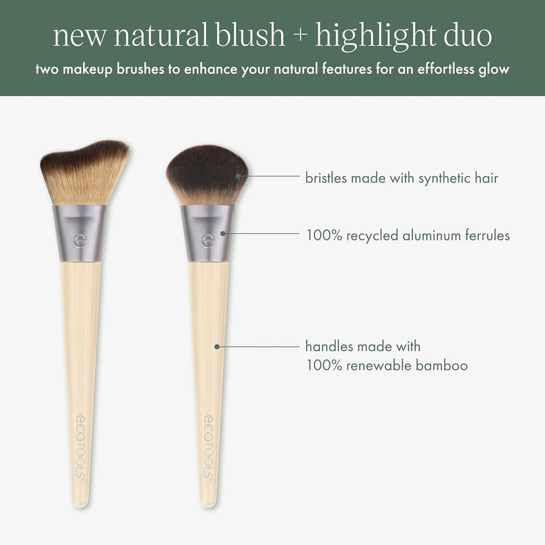 2x Radiant Blush & Highlight Brush Duo, Vegan & Cruelty-Free Synthetic Bristles for Skin Enhancement