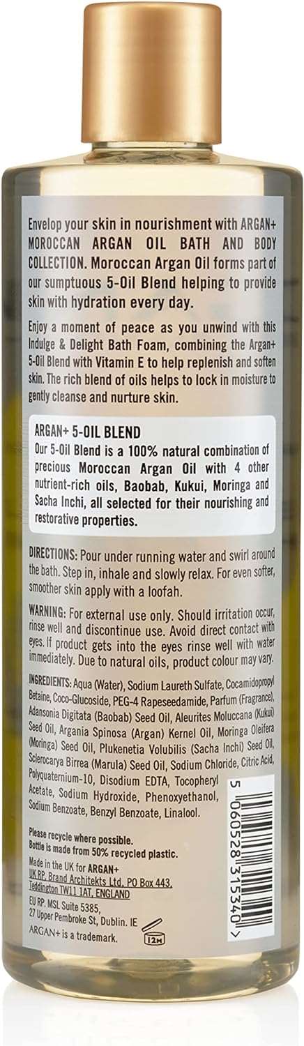Argan+ Indulge & Delight Bath Foam, Moroccan Argan Oil Vegan Bubble Bath, 400ml