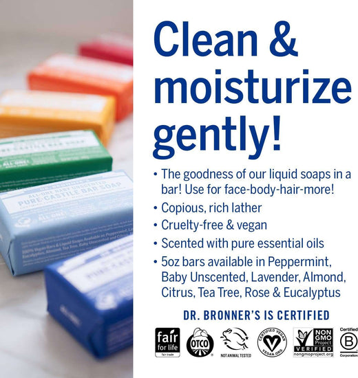 Dr Bronner's 3-in-1 Baby Unscented Pure-Castile Bar Soap, Made with Organic Oils with No Synthetic Fragrances, Used for Face, Body and Hair, Certified Fair Trade & Vegan Friendly, 140g Bar