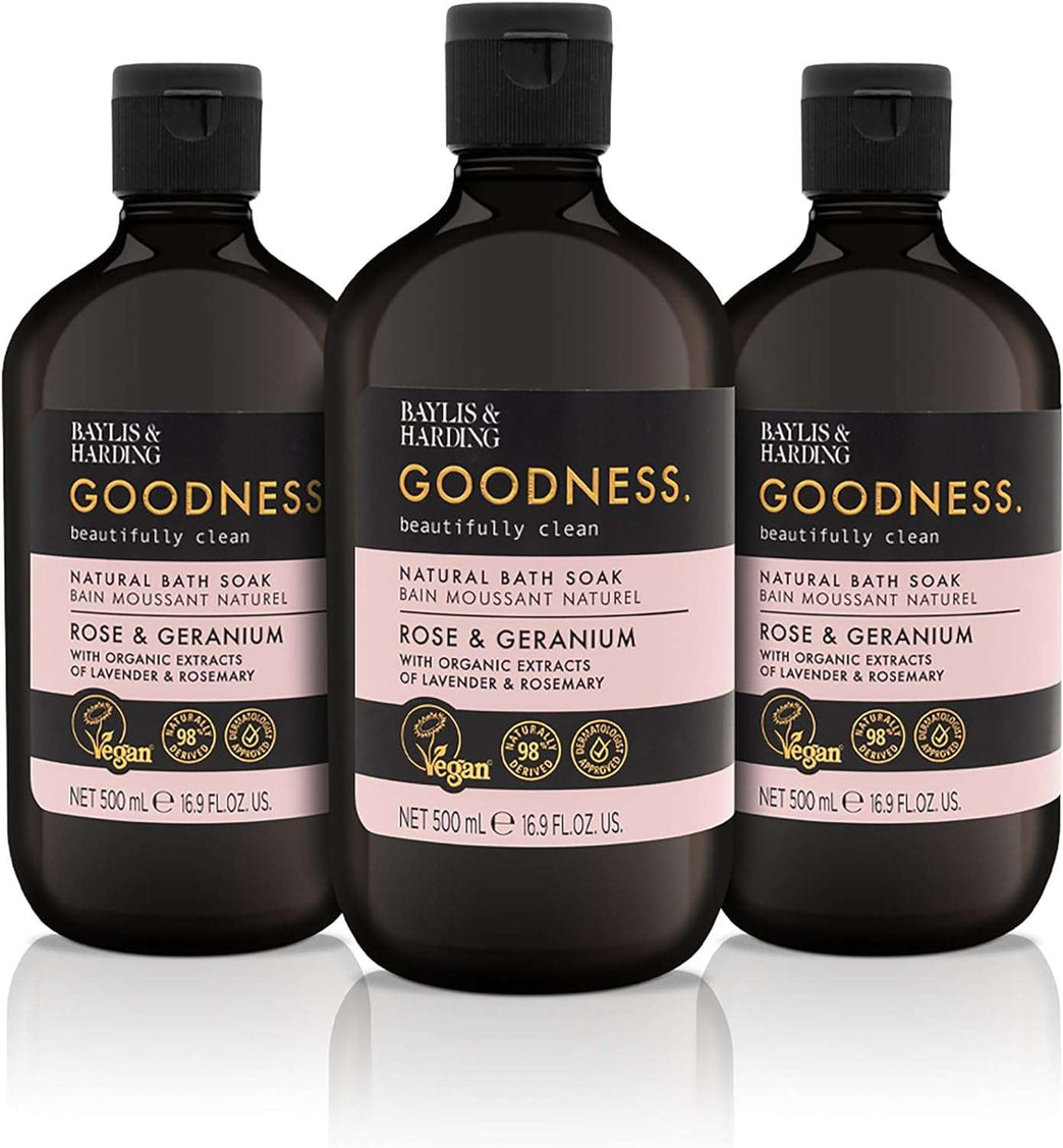 Baylis & Harding Goodness Rose & Geranium Natural Bath Soak, 500 ml (Pack of 3) - Vegan Friendly