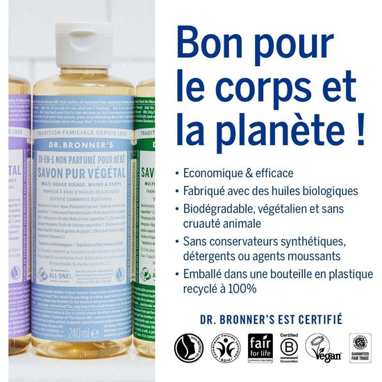 Dr Bronner's 18-in-1 Baby Unscented Pure Castile Liquid Soap, Made with Organic Oils, Used for Face, Hair, Babies, Laundry and Dishes, Certified Fair Trade & Vegan Friendly, 473ml Recyled Bottle