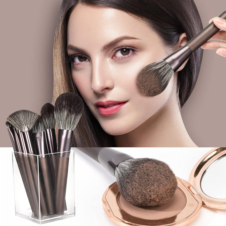 Flawless Face Essentials: 12-Piece Coffee Makeup Brush Set with Stylish Pink Handles
