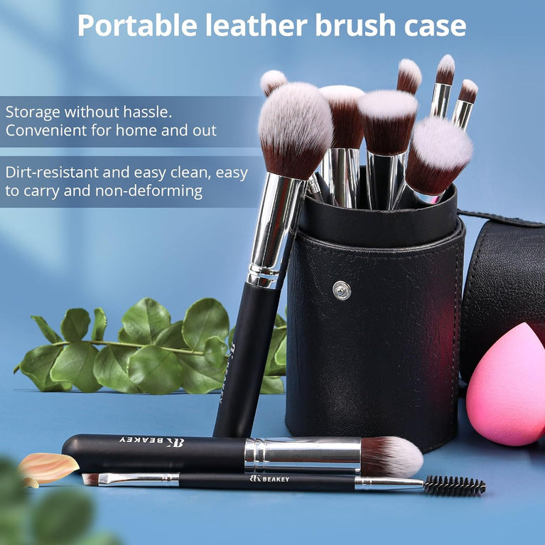 BEAKEY 12-Piece Makeup Brush Set with Blender Sponges - Black/Silver