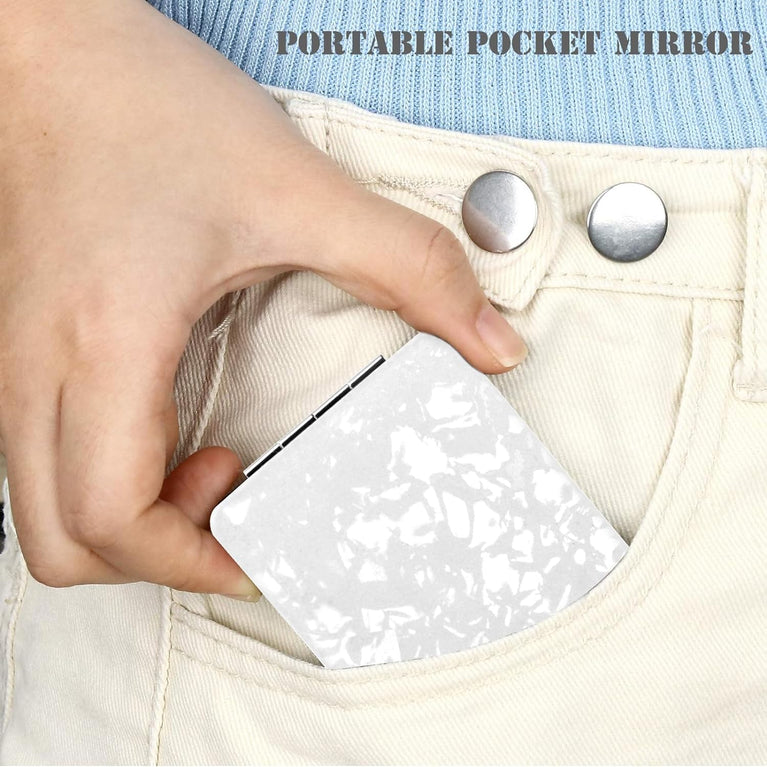 Elegant White Compact Travel Makeup Mirror with Magnifying Feature and 3D Shell Pattern