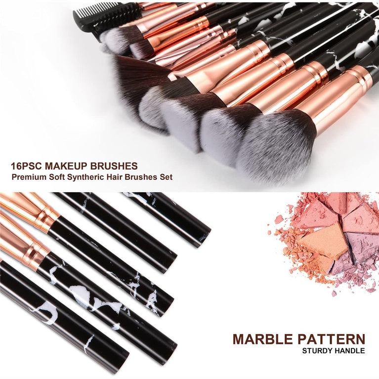 16-Piece Black Marble Makeup Brush Set with Holder - Vegan Synthetic Fibre Brushes for Eyeshadow, Foundation, Concealer, and Eyebrow - Gift Box Included