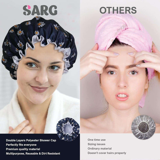 SARG Premium Double Layer Shower Cap for Women with Unique Flower Design- Reusable Shower Cap for Hair - Waterproof Plastic Cap - Shower Caps for Long, Short and Curly Hairs
