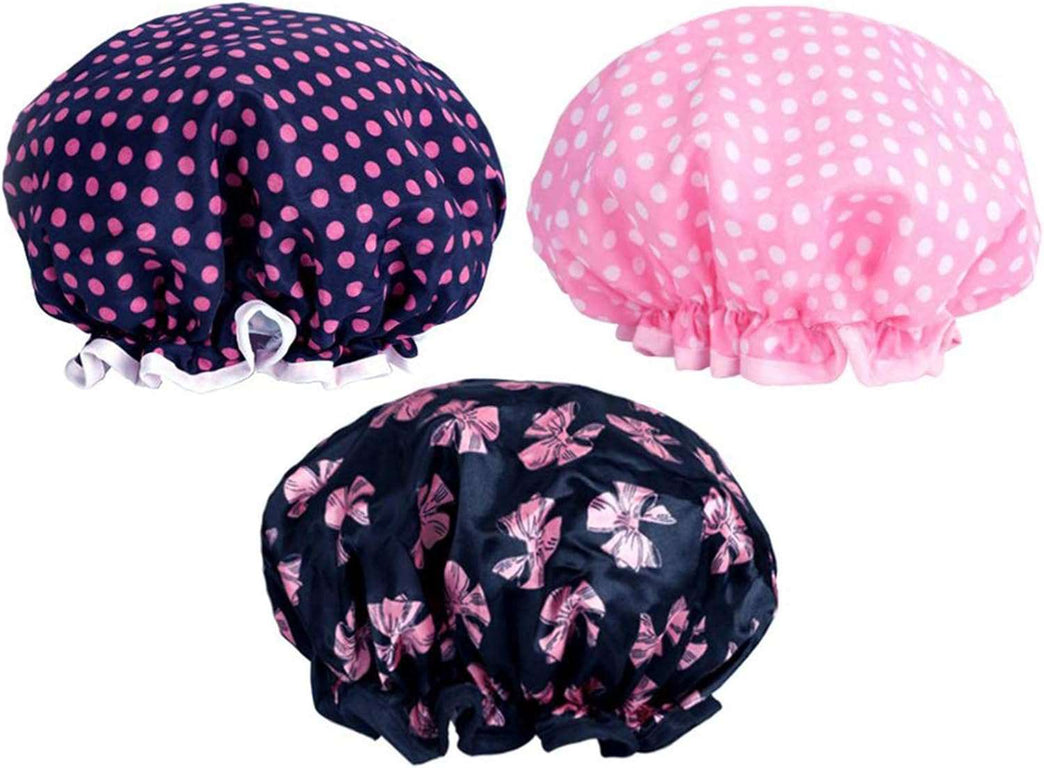 PrettyDate 3 Packs Double layer Shower Cap Waterproof Elastic Bath Cap for Women Shower Spa Salon