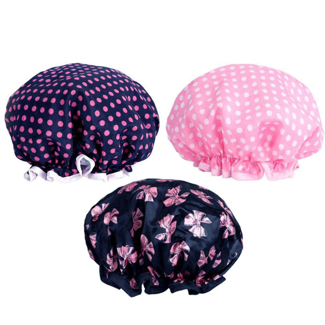 PrettyDate 3 Packs Double layer Shower Cap Waterproof Elastic Bath Cap for Women Shower Spa Salon