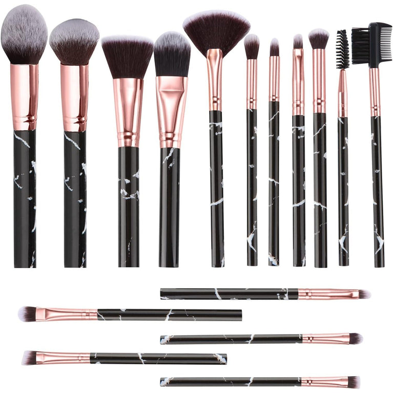 16-Piece Black Marble Makeup Brush Set with Holder - Vegan Synthetic Fibre Brushes for Eyeshadow, Foundation, Concealer, and Eyebrow - Gift Box Included