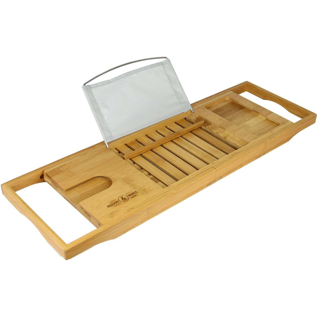 Extendable Bamboo Bath Caddy & Tray | Adjustable Luxury Home Spa Wood Bath Tub Rest | Wine Glass, Tablet / Book, Smartphone Holder Bridge | Non-Slip Feet | M&W