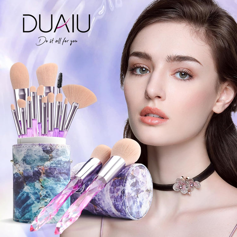 Crystal Gem Makeup Brushes Set with Starry Gift Box - 15pcs Professional Makeup Brush Collection in Blue