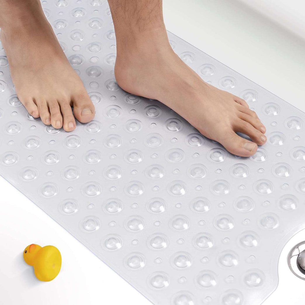 HITSLAM Non Slip Bath Mat for Tub, 100 x 40cm Extra Long Shower Mat Anti Mould, Machine Washable Bathroom Bathtub Mat with Suction Cups and Drain Holes, Soft on Feet, Clear