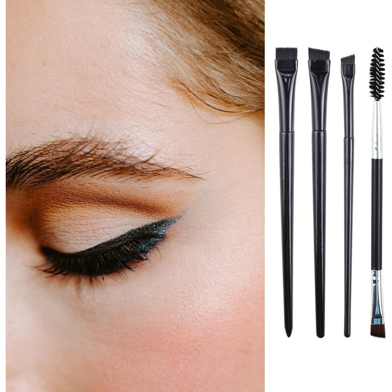 Eyeliner & Brow Brush Set with Angled, Flat, Double-Ended Brushes - Synthetic Bristles, Makeup Tool Kit