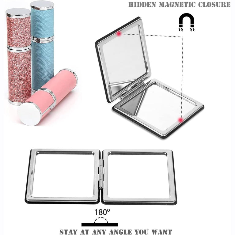 Womens Compact Foldable Magnifying Makeup Mirror - Black PU Leather Pocket Vanity Mirror