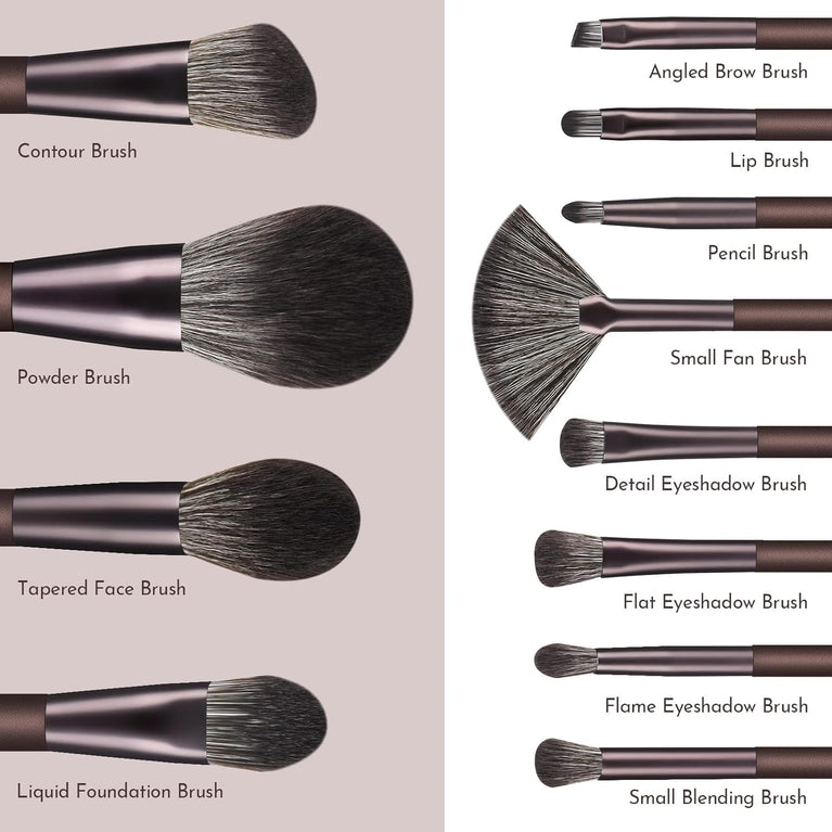 Flawless Face Essentials: 12-Piece Coffee Makeup Brush Set with Stylish Pink Handles