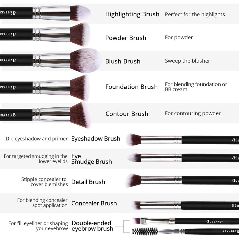 BEAKEY 12-Piece Makeup Brush Set with Blender Sponges - Black/Silver