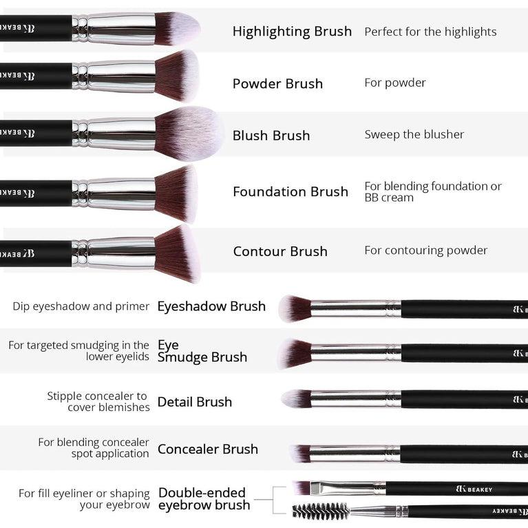 BEAKEY 12-Piece Makeup Brush Set with Blender Sponges - Black/Silver