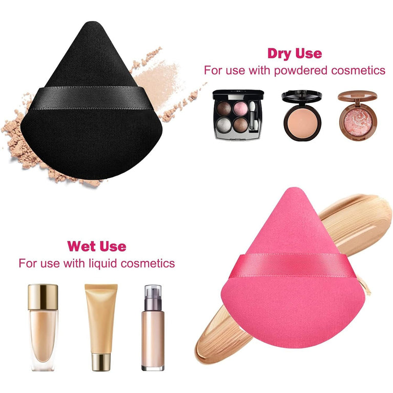 Makeup Powder Puffs, 4 Pack - Triangular, Washable Sponge with Strap for Wet or Dry Cosmetics
