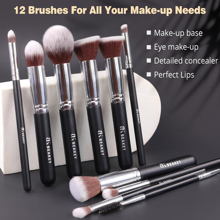 BEAKEY 12-Piece Makeup Brush Set with Blender Sponges - Black/Silver
